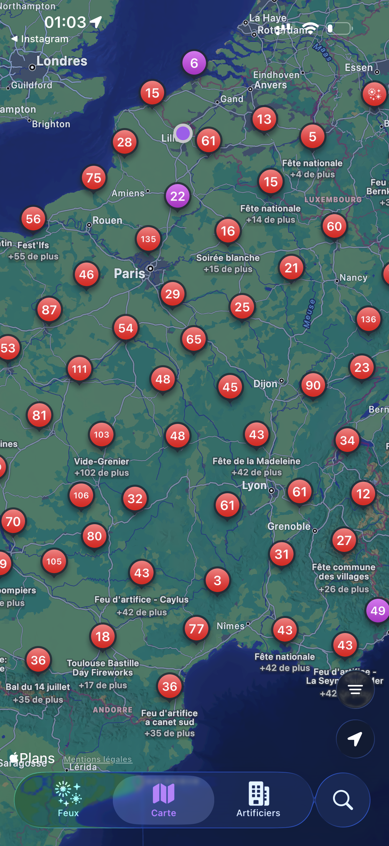 La carte des feux d'artifice de France dans l'application Bouquet Final