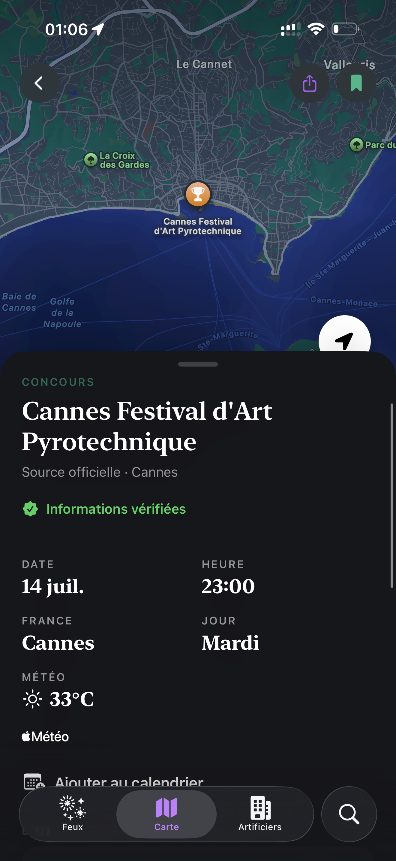 La fiche vérifiée du Festival d'Art Pyrotechnique de Cannes dans l'application